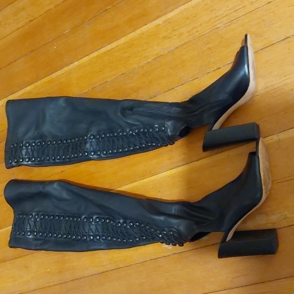 VC John Camuto Black Lamb leather OTK Thigh high Cut out Punk Sexy Boots S.7.5 - Picture 4 of 15